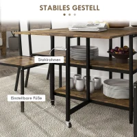 HOMCOM Stół Jadalny Składany, Stół Składany z Kółkami, 140 x 80 cm Stół Kuchenny z 2 Półkami dla 2-6 osób, Stół Jadalniany, do Kuchni, Jadalni, Stal, Rustykalny Brąz(m-7)