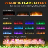 HOMCOM Elektryczny kominek, ścienный kominek z ogrzewaniem 2000 W, efekt płomieni LED 3D, kryształy, w 11 kolorach z 3 poziomami jasności, Elektryczny kominek z pilotem, timerem, montaż ścienny, biały(m-4)