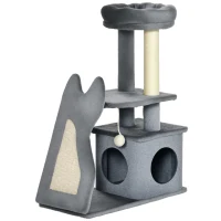 PawHut Drapak 83W cm Drapak dla kotów z deską do drapania i kocim domkiem Drzewko do wspinaczki z platformami Deską do drapania z sizalem Zabawką do zabawy Piłką do gry Dla kota Plush Szary + Kremowy(m-9)