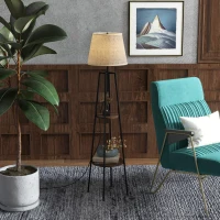 HOMCOM Lampada da Terra a 2 Ripiani in Metallo e MDF con Paralume in Tessuto, Ø42x166 cm, Nero e Marrone(m-2)