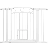 PawHut Stair Gate, 77cm Extra Tall Dog Gate with Adjustable Width 76-104cm, Pressure Fit Safety Gate with Cat Door, 7cm and 14cm Extensions, for Stairs & Doorways, Easy Installation, White(m-1)