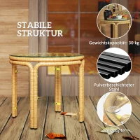 Outsunny Rattan Side Table, Round Outdoor Coffee Table, with Round Glass Tabletop for Patio, Garden, Balcony, Yellow(m-5)
