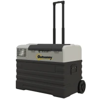 Outsunny Lodówka z kompresorem, 56 l, lodówka samochodowa 12/24 V DC i 240 V AC do -20°C, przenośna zamrażarka z trybami ECO/MAX, mini lodówka z drążkiem teleskopowym, kółkiem, na kemping, do(m-10)
