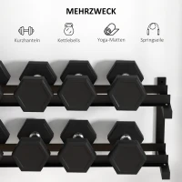 SPORTNOW Uchwyt na sztangę do montażu na ścianie z 2 półkami, uchwyt na sztangę, uchwyt na sztangę, kettlebell, max. obciążenie 70 kg, stal, Czarny, 98 x 40 x 35 cm(m-5)