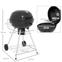 Outsunny Grill węglowy, grill ogrodowy z rusztem, kółkami, półką, tacką na popiół, wbudowanym termometrem do BBQ Metal Czarny 55 x 65 x 89 cm(m-3)