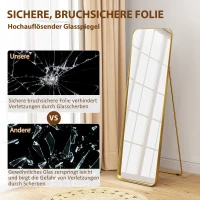 HOMCOM Lustro pełnej długości 160 x 50 cm, stojące lustro z metalową ramą i szkłem odpornym na stłuczenia, lustro ścienne do stania, oparcia, lustro do salonu, sypialni, korytarza, złote(m-7)