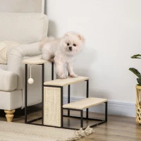 PawHut Schodki dla Zwierząt 3-stopniowe dla Kotów Piesków z Drapakiem i Kulą do Zabawy Pomoc przy Wchodzeniu Łatwe i Praktyczne Schodki Stal Sizal Kremowy+Czarny 51 x 54 x 53cm(m-2)