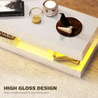 HOMCOM Coffee Table with Storage and 12 Colours LED Lights, Modern High-Gloss Rectangle Living Room Table with 2 Drawers & Open Shelf, 120 x 50 x 42 cm, White(m-6)