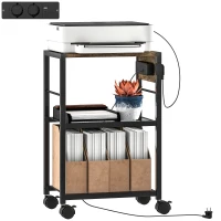 HOMCOM Mobile Printer Stand with Charging Station and USB/USB-C Ports, 3-Tier Under Desk Printer Cart with Storage Shelf and Lockable Wheels for Home and Office, Rustic Brown(m-10)