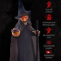 HOMCOM 190cm 75" Witch with Broomstick Outdoor Halloween Decoration, Halloween Animatronic with Sound Activated, Light Up Eyes, Sound Effects, Animated Prop for Haunted House(m-7)