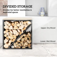 Outsunny 2-w-1 Wewnętrzny regał na drewno kominkowe 58 x 36 x 60 cm, podwyższony regał na drewno z przegrodą, stojak na drewno kominkowe, regał na drewno, metal, czarny(m-6)