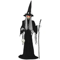 Outsunny 170 cm Dekoracja na Halloween Czarownica z LED, Funkcją Dźwiękową, Dekoracja Drzwi z Regulowanymi Rękami, Głową, Figura Ogrodowa w Naturalnej Wielkości na Imprezę(m-1)