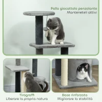 PawHut Albero per Gatti Multilivello Alto 103 cm con Pali Tiragraffi in Sisal, Casetta e Pallina in Peluche, Grigio(m-6)