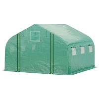 Outsunny Walk-in Polytunnel Garden Greenhouse, Outdoor Mesh Door Greenhouse with PE Cover and 6 Windows, 4.5 x 3 x 2m, Green(m-11)