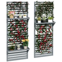 Outsunny Wall Mounted Plant Stands Set of 2, Fir Wood Flower Stand with Shelves and Slatted Trellis for Patio, Balcony, Porch(m-10)