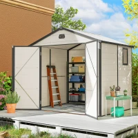 Outsunny 7.9ft x 6.2ft Recycled Garden Shed with Aluminium Frame and Plastic,  Wall Shed with Foundation, Waterproof and Rustproof - Cream White(m-2)