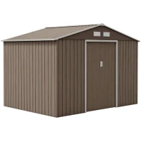 Outsunny 9 x 6ft Steel Garden Shed, Outdoor Storage Tool House with Vents, Foundation and Lockable Double Doors, Brown(m-10)