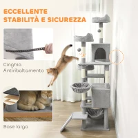 PawHut Albero Tiragraffi per Gatti con Scala, 2 Amache, 3 Posatoi, 2 Casette e 3 Piattaforme, 48x48x192 cm, Grigio e Crema(m-6)