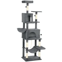 PawHut Albero Tiragraffi per Gatti Alto 202 cm con 6 Pali in Sisal, 2 Casette, 2 Amache e Lettino, Grigio(m-10)