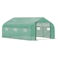 Outsunny Walk-in Polytunnel Garden Greenhouse, Outdoor Mesh Door Greenhouse with PE Cover and 6 Windows, 4.5 x 3 x 2m, Green(m-10)
