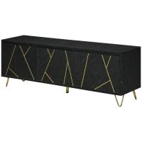 HOMCOM Meuble TV banc TV jusqu'à 65 pouces texture longueur 147 cm effet marbre 2 placards 3 portes à amortissement étagères réglables passe-câbles charge 100 Kg - 147 x 35 x 52 cm - pied en métal(m-11)