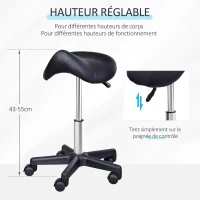 HOMCOM Tabouret à roulettes, tabouret de massage avec hauteur réglable 43-55 cm et selle ergonomique, chaise de travail à roulettes pivotant 360°, pour salon de massage, tatouage, clinique, spa, noir(m-4)