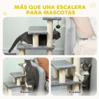 PawHut Escalera para Mascotas Ajustable de 3/4 Peldaños Escalera para Gatos con Postes Rascadores Bola Colgante Gris(m-6)