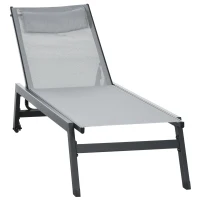 Outsunny Bain de soleil transat en aluminium et textilène avec roulettes et repose-tête dossier inclinable gris clair(m-12)