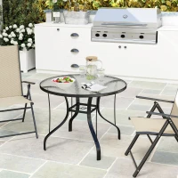Outsunny Tavolino da Giardino Rotondo con Foro per Ombrellone, in Metallo e Vetro Temperato, Ø96.5x71 cm, Nero(m-8)