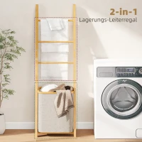 HOMCOM Badregal, 2-in-1 Badezimmerregal mit 3 Stangen, abnehmbarer 48L-Wäschekorb, Bambus, 43 x 35 x 133 cm, Cremeweiß(m-4)