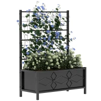 Outsunny Raised Bed for Garden with Trellis, Galvanised Planter Box with Diamond Pattern, Drainage Holes for Vegetables, Herbs and Flowers, 90 x 40 x 120 cm, Black(m-10)