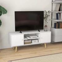 HOMCOM Meuble TV style scandinave 2 portes 2 niches passe-fils piètement bois pin panneaux blanc - 120 x 34 x 50 cm blanc(m-10)