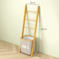 HOMCOM Badregal, 2-in-1 Badezimmerregal mit 3 Stangen, abnehmbarer 48L-Wäschekorb, Bambus, 43 x 35 x 133 cm, Cremeweiß(m-3)