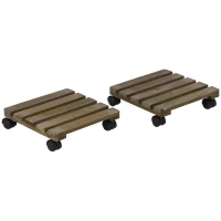 Outsunny 2 Pack Plant Caddy with Wheels, 30 cm Square Wooden Plant Pot Trolley, Pot Caddy for Outdoor Patios, Decks and Indoors, Dark Brown(m-1)