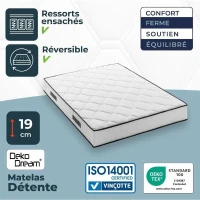 Matelas 140 x 200 cm - Hauteur 19 cm - 580 ressorts ensachés - 7 zones - Equilibré - réversible - fabriqué en Belgique - DEKO DREAM(m-4)