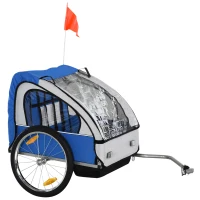 HOMCOM Rimorchio Bici Bambini con 2 Posti, 2 Cinture di Sicurezza, Telaio in Acciaio e Copertura in Tessuto Oxford Blu(m-10)