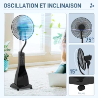HOMCOM Ventilateur sur pied brumisateur 90 W télécommande minuterie 3 modes 3 vitesses oscillant, inclinable - noir(m-6)