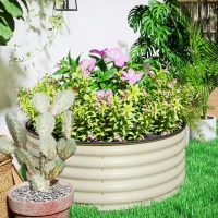 Outsunny Galvanised Raised Garden Bed with Safety Edging, Outdoor Raised Planter Box with Gloves, 120 x 120 x 43cm, Cream White(m-8)