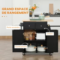 HOMCOM Desserte de cuisine ilôt cuisine avec plan de travail étagère range-bouteilles porte-torchons 2 tiroirs placard 2 portes MDF noir hévéa(m-4)