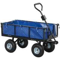 Outsunny 114L Steel Frame Garden Cart Trolley - Blue(m-10)