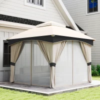 Outsunny Gazebo da Giardino 3x3m in Acciaio con Doppio Tettuccio e Tende, Beige e Grigio(m-8)