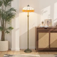 HOMCOM Tiffany-Style Floor Lamp with Handcrafted Stained Glass Shade, 152cm Tall Vintage Standing Lamp with Foot Switch and Dual Sockets for Living Room Bedroom, Bronze Tone and Orange(m-7)
