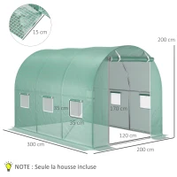 Outsunny Bâche de Rechange Serre Tunnel 6 m², bâche 3 x 2 x 2 m PE Anti-UV imperméable 6 fenêtres + Porte Enroulable zippée Vert(m-3)