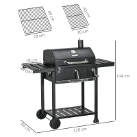 Outsunny Barbecue a Carbone con Coperchio con Termometro, Griglia Regolabile, Ruote e Tavolini, Nero(m-3)