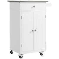 HOMCOM Chariot de service desserte de cuisine à roulettes multi-rangements 1 tiroir placard 2 portes avec étagère porte-torchons MDF blanc acier inoxydable(m-11)