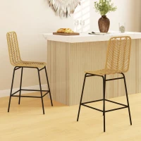 HOMCOM Lot de 2 tabourets de bar design bohème Hauteur 66 cm avec repose-pieds métal et rotin PE - naturel(m-10)
