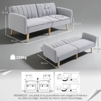 HOMCOM Canapé Convertible 2 Places Design scandinave Dossier inclinable 3 Positions Pieds Bois Tissu Aspect Lin Gris(m-3)