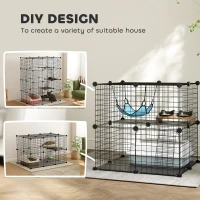 PawHut Indoor Cat Cage DIY Customizable 2-Tier Indoor Cat Enclosure with 2 Doors and Hammock 70 cm Black(m-4)