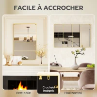 HOMCOM Miroir mural verrière rectangulaire style industriel, horizontal ou vertical avec 4 crochets, en métal doré 109 x 69 cm(m-5)