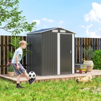 Outsunny Garden Metal Tool Storage Shed with Sliding Door, Sloped Roof and Foundation Kit, 152 x 132 x 188cm, Grey(m-7)